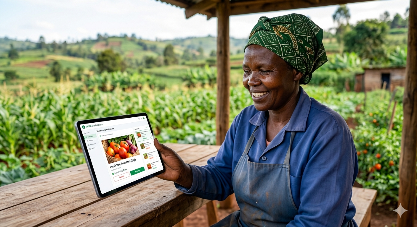 A farmer in Murang'a reviewing orders on the Farm Fresh dashboard via tablet